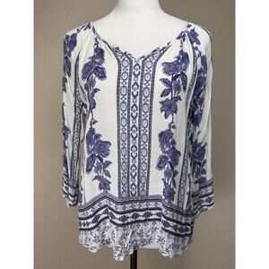 Women’s Hannah Blue White Textured Gauze Shirt Sz M 3/4 Sleeve Casual Boho